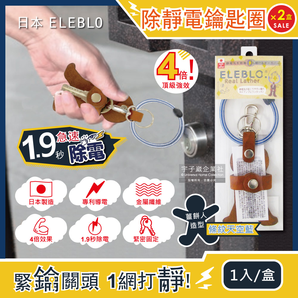 (2盒超值組)日本ELEBLO-頂級4倍強效條紋編織除靜電薑餅人造型皮革鑰匙圈-條紋天空藍1入/盒(1.9秒急速除靜電)✿70D033
